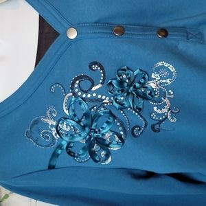 Vintage Suzie Cinch Waist Blouse Silk Embroidered flowers Blue Size XL